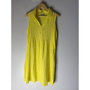 Terzo millennio sleeveless linen v neck collar dress yellow size medium
